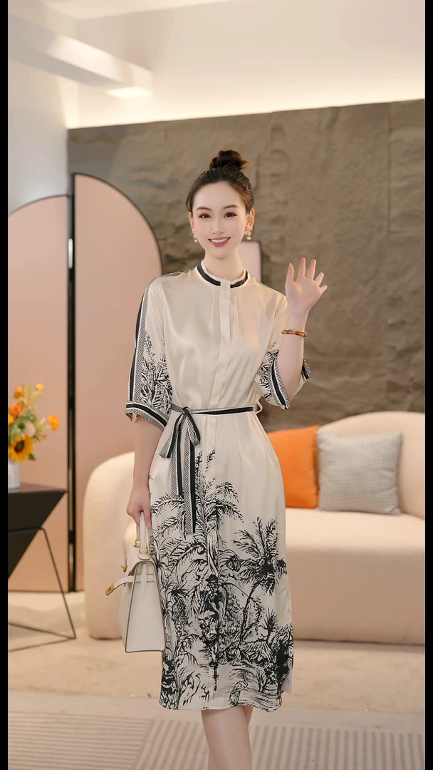 2025轻奢长裙大摆裙中袖套头七分袖夏季国风连衣裙9082