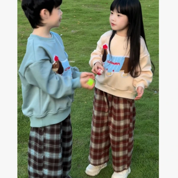 【兄妹款】2025热款秋冬韩系加绒卫衣格子裤男女童洋气休闲保暖舒适