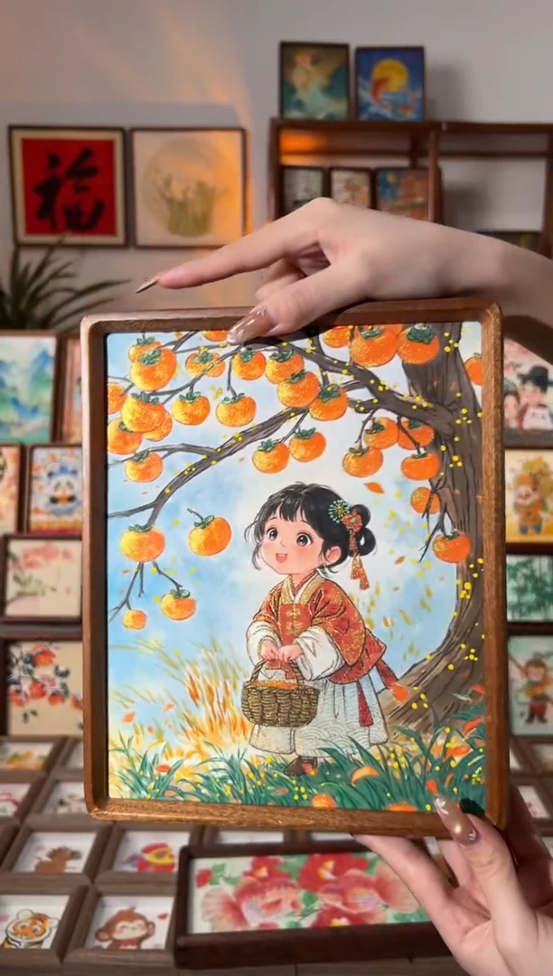 【闪购商品】国画柿子女孩 手绘国画10花梨
