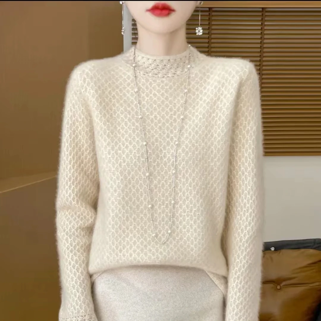 重工镂空钩花蜂窝状七针加厚半高领宽松针织羊毛打底衫