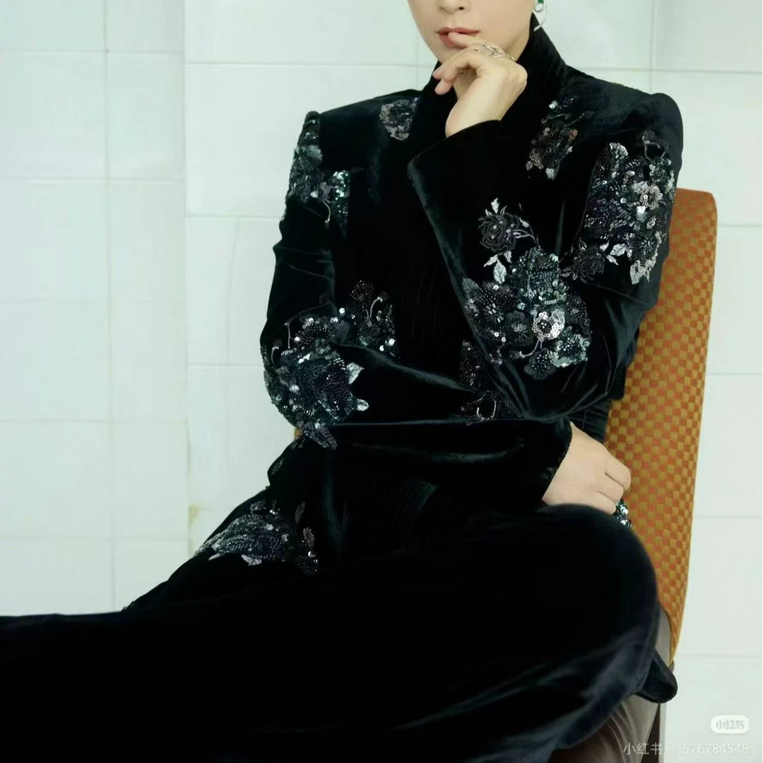 黑曜石刺绣面料   丝绒珠管绣   明星同款   丝绒双层复合