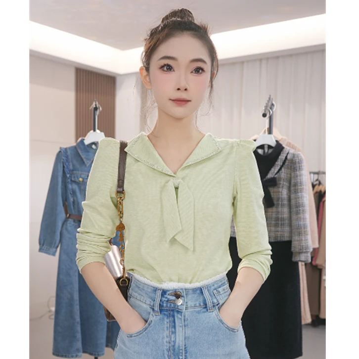 W2313法式时尚长袖t恤女士春秋新款别致V领飘带上衣气质洋气小衫