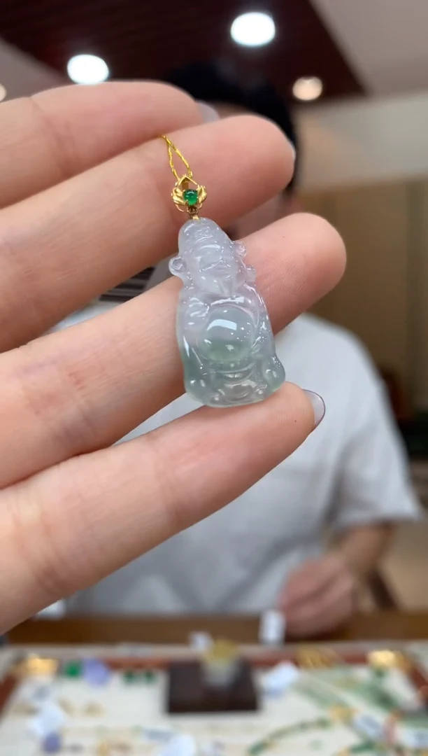 吊坠(不含链)18K金镶嵌翡翠财神