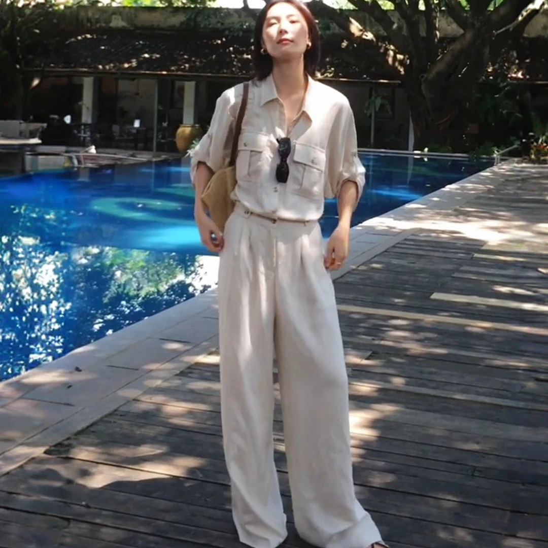 早秋新款ootd穿搭一整套老钱风亚麻设计感小众衬衫阔腿裤两件套装