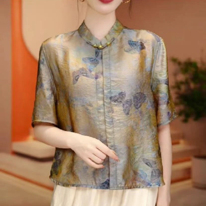 新中式中国风洋气宽松显瘦优雅轻奢气质印花百搭妈妈开衫短袖上衣