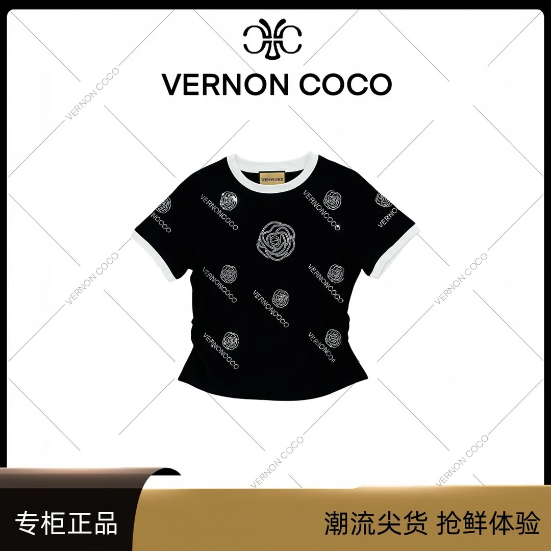 蕾丝翻领撞色T恤短袖设计师烫钻夏季春夏ol圆领时尚中环78