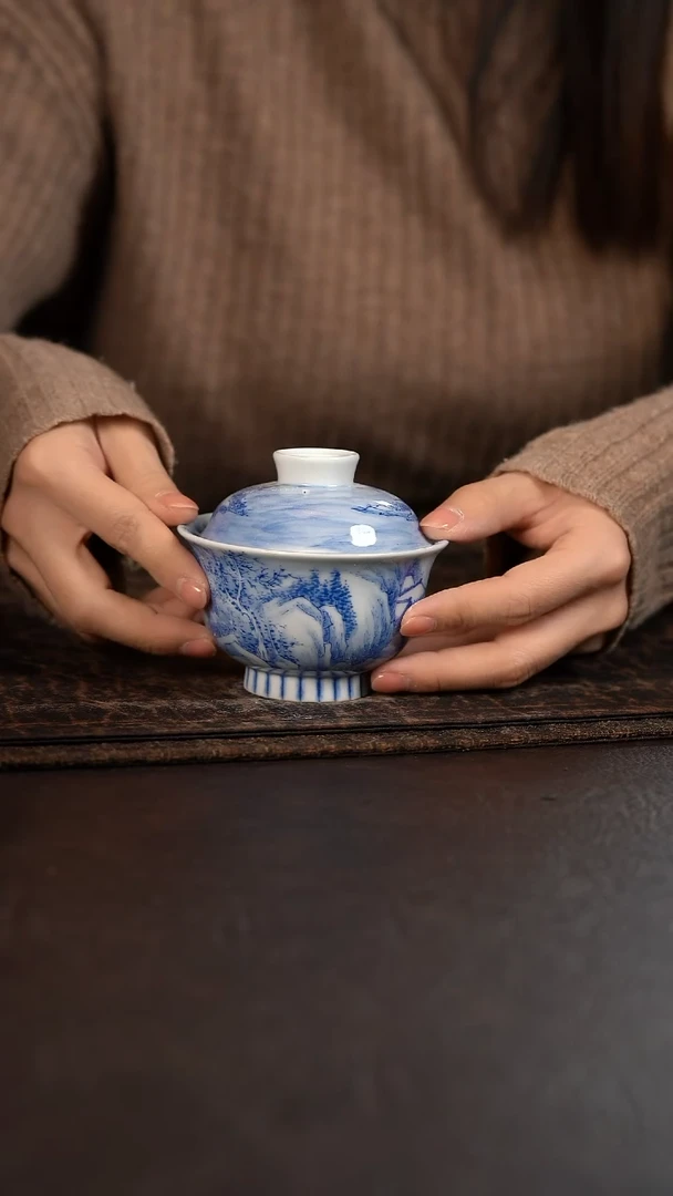 【闪购商品】杯966号HLX陶瓷重工雪景山水雕刻盖碗