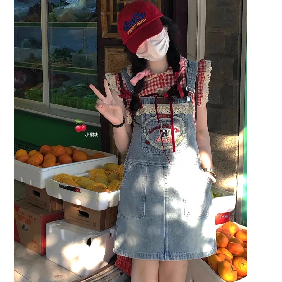 【破价秒发】刺绣格子拼接两种穿法背带裙显瘦时尚夏季复古减龄宽松