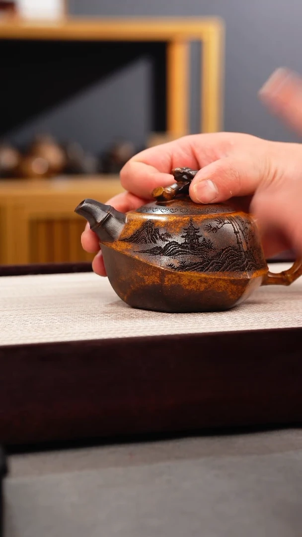 茶壶紫砂龙骨金砂 知足常乐 刻绘