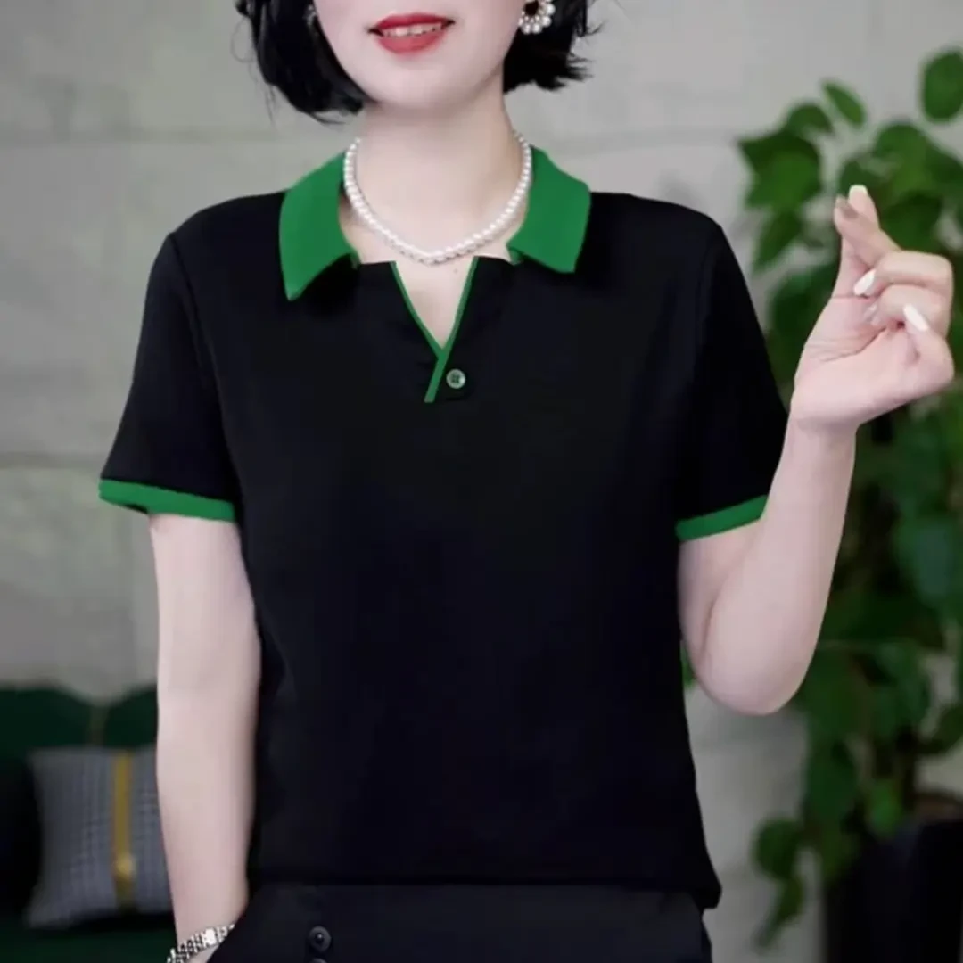 夏季新款短袖纯色翻领T恤POLO领洋气显瘦百搭上衣气质减龄打底衫