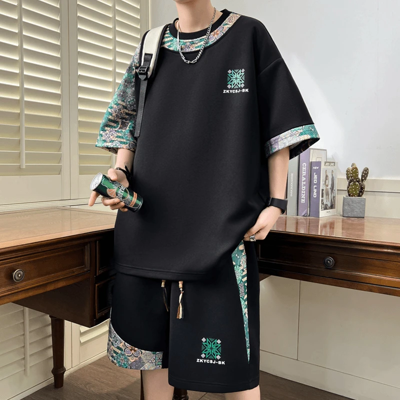 男士短袖t恤夏季ins潮牌青少年运动休闲套装新中式国潮风半袖衣服