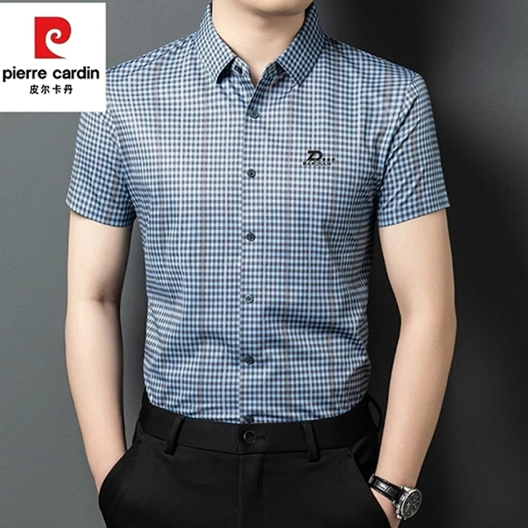 【桑蚕丝·皮尔卡丹】夏季短袖衬衫男款格纹弹力时尚商务休闲衬衣