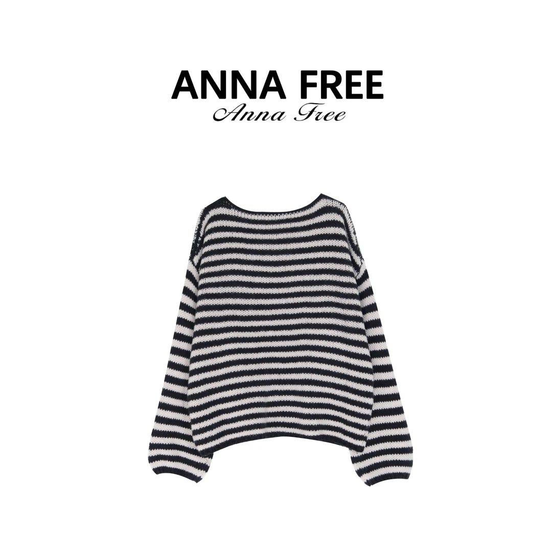 ANNA FREE 一字领条纹长袖针织女显瘦宽松慵懒风显瘦上衣Z8700
