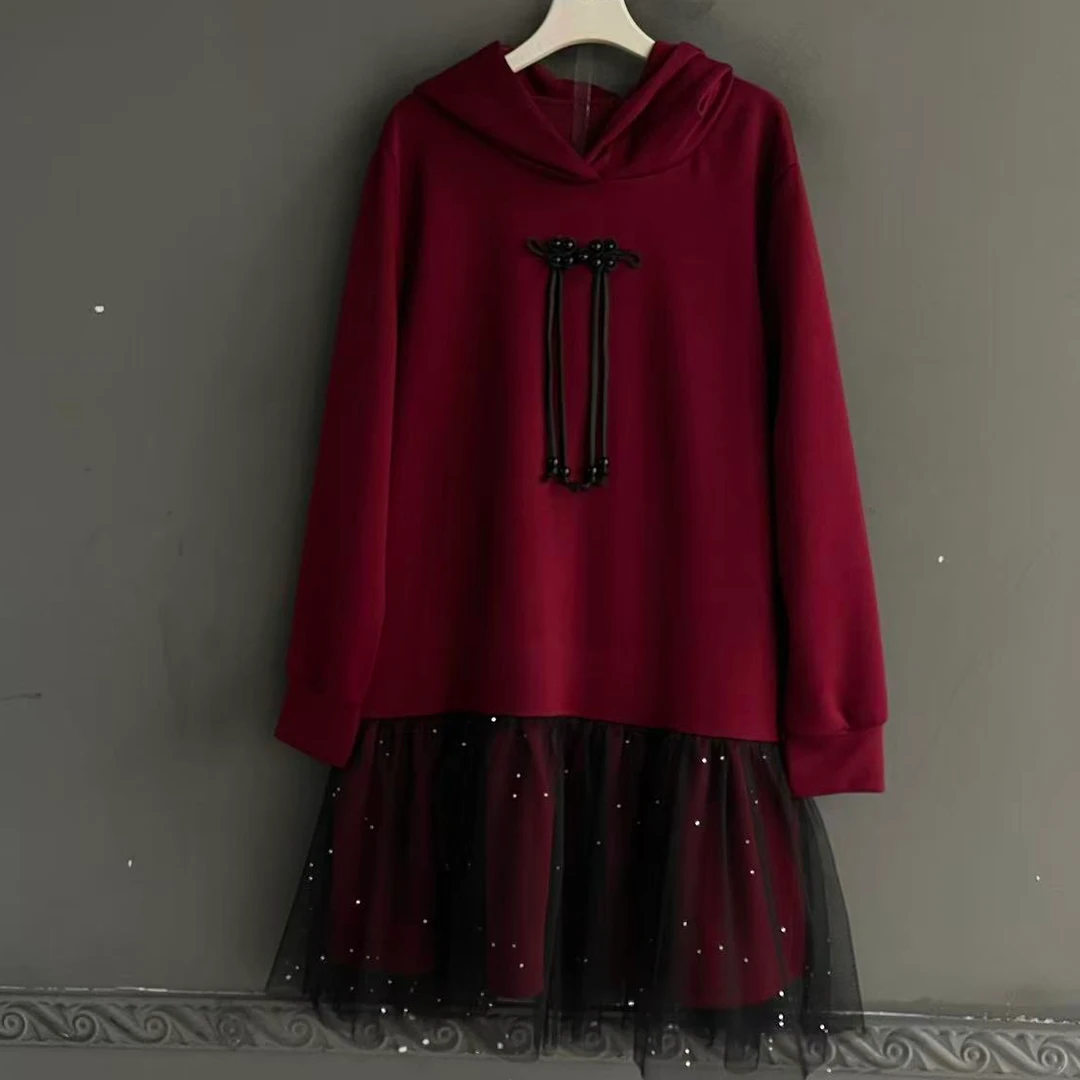 拼接中长裙秋季连帽纯色连衣裙