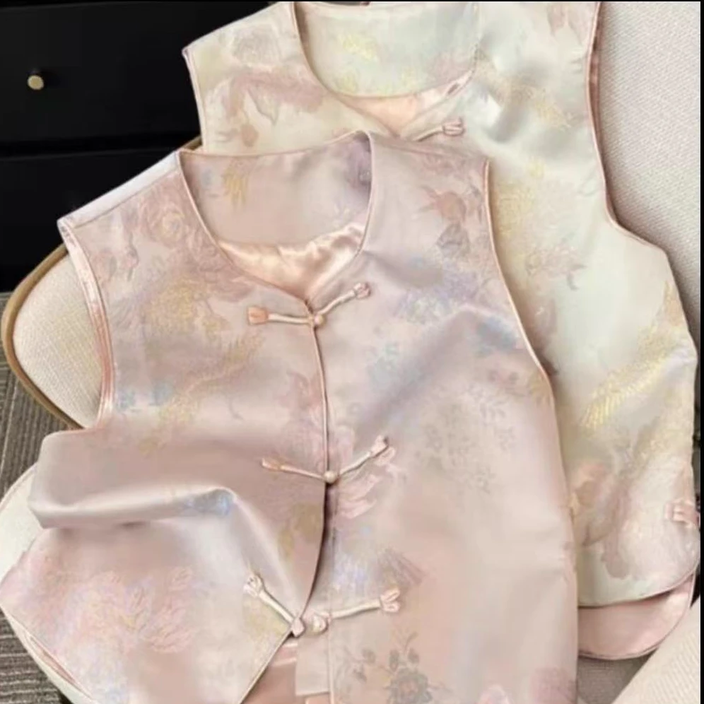 【原创设计】新中式春秋冬款圆领马甲百搭手工扣中国风提花女国风潮