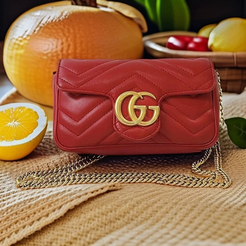 95新 GUCCI/古驰 红色马蒙mini链条包 1352 9859