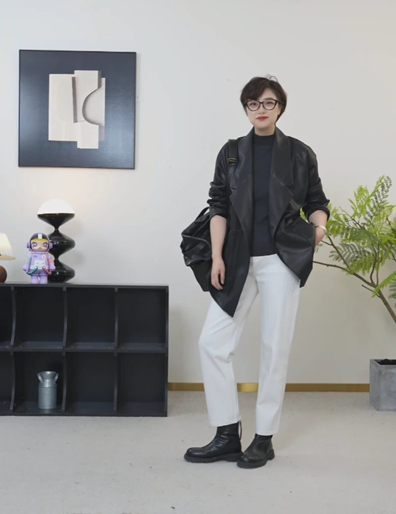 【U.M】霸裁气质女主翻领进口羊皮风衣