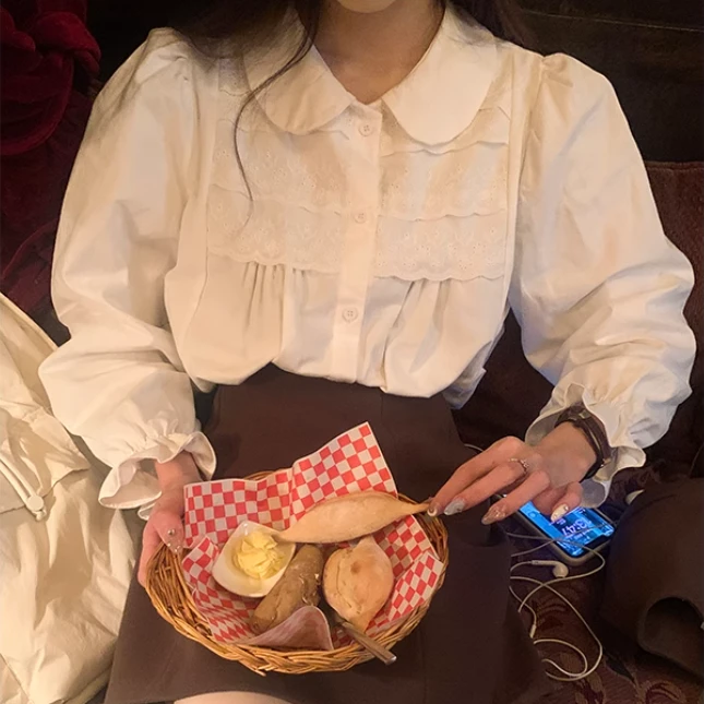 9127法式减龄娃娃领白衬衫2025新款韩版甜美气质长袖打底衬衣