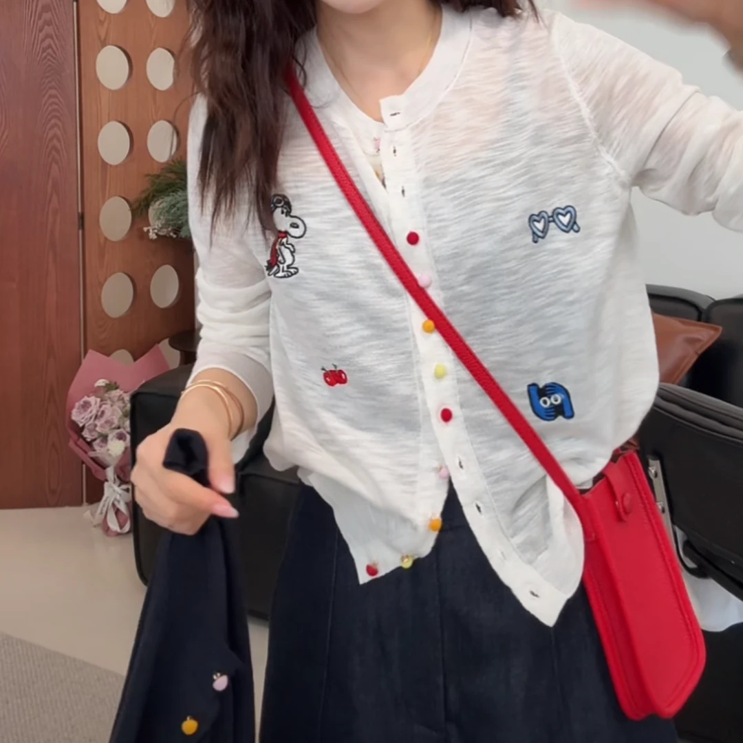 卡通刺绣彩色单排扣薄款针织开衫2025春夏新款设计感防晒长袖上衣