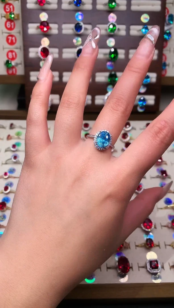 银S925镶嵌戒圈海蓝宝石8*10 银托