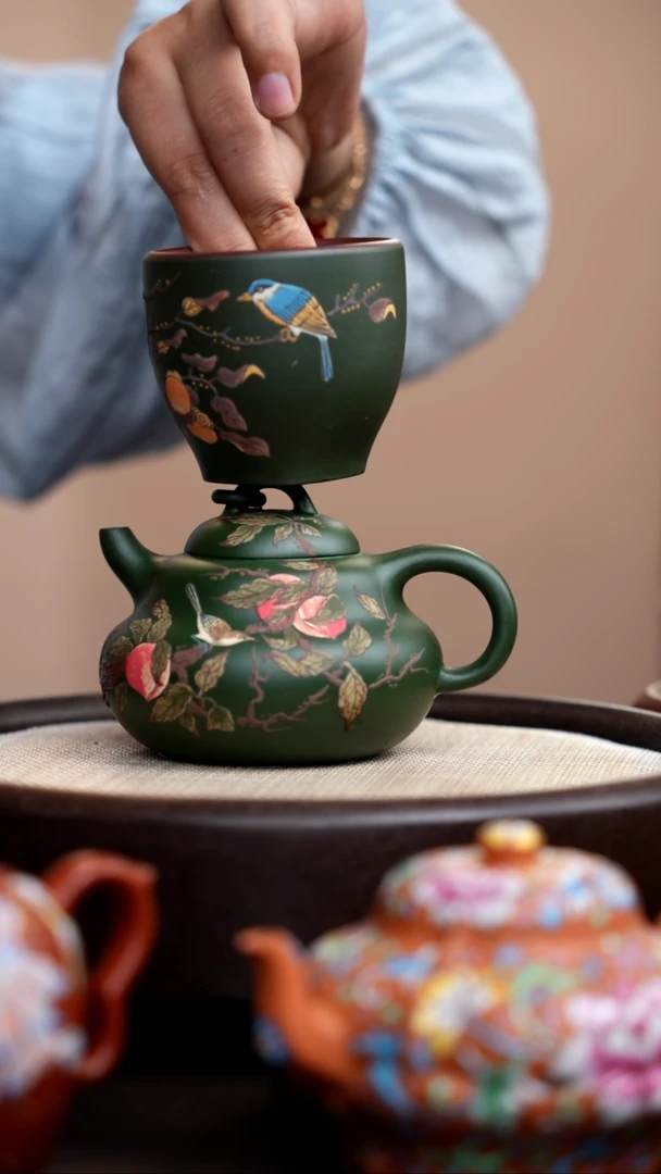 茶壶紫砂民国绿葫芦壶泥绘桃子+杯