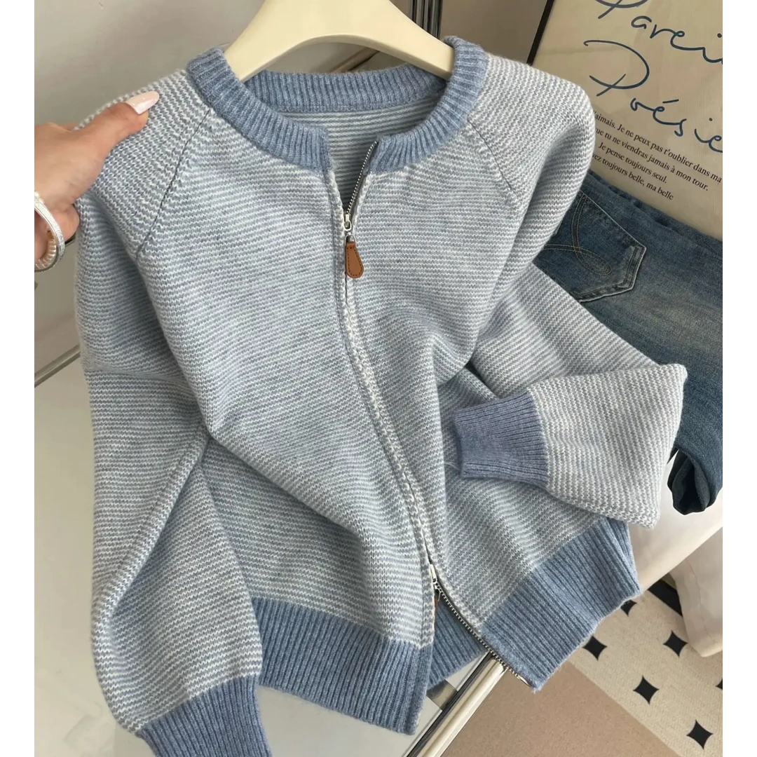 韩版秋冬穿搭女圆领长袖时尚撞色拼接针织开衫外套简约拉链上衣