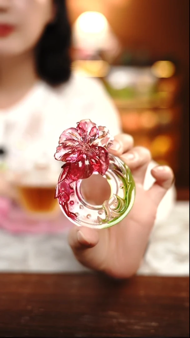 古法琉璃玉兰花摆件绿红色手工摆件