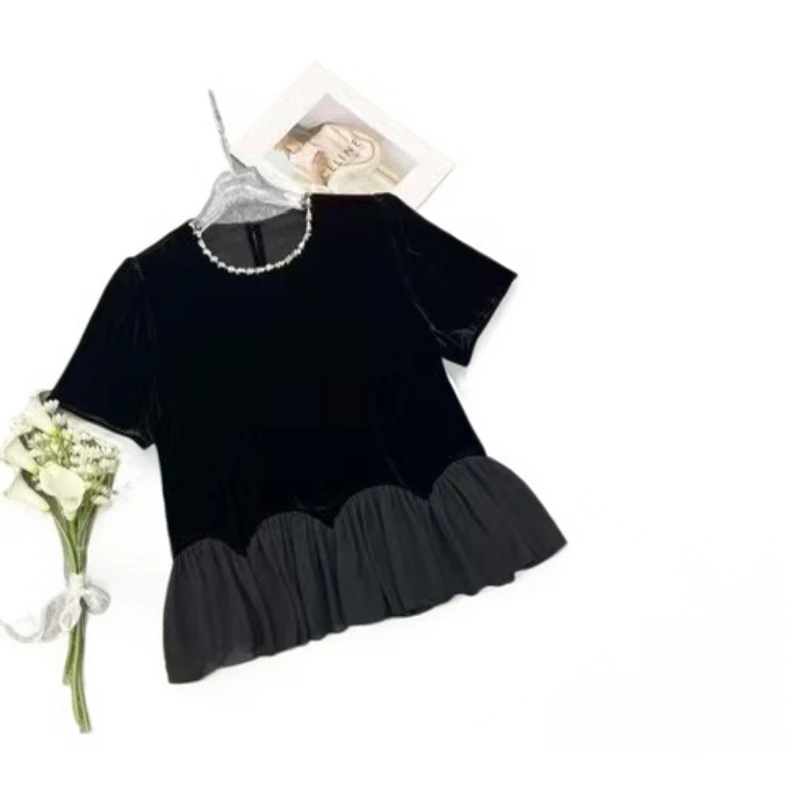 262078 新中式钉珠T恤圆领公主拼接设计短袖芭蕾风上衣气质荷叶边