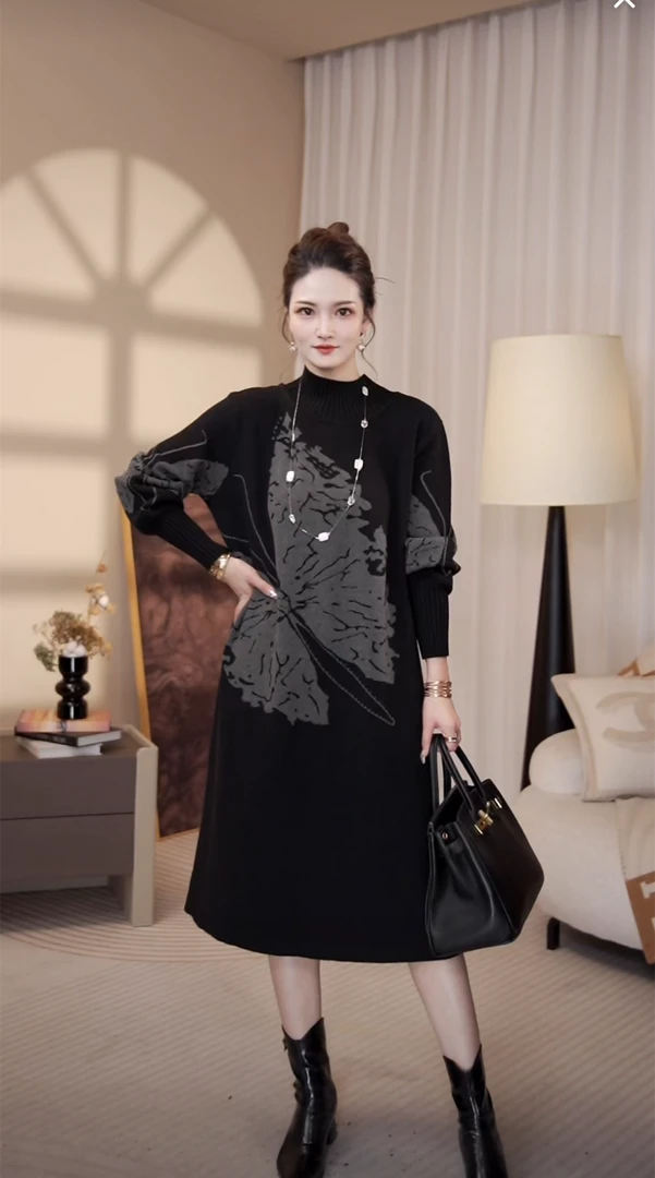 高端品质[蝴蝶兰]秋冬百搭 高档时尚长款显瘦洋气连衣裙-41111#