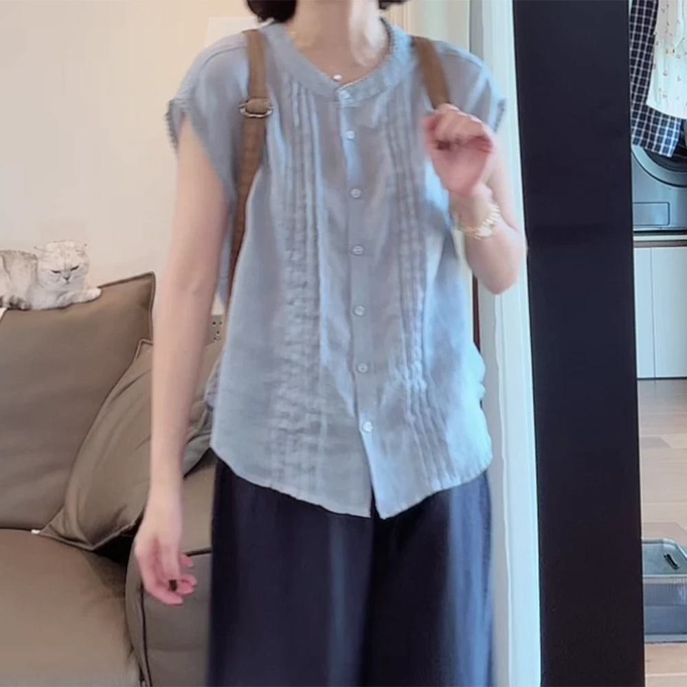 B2025斜纹圆领压褶飞飞袖衬衫夏季新款文艺女士上衣C5353