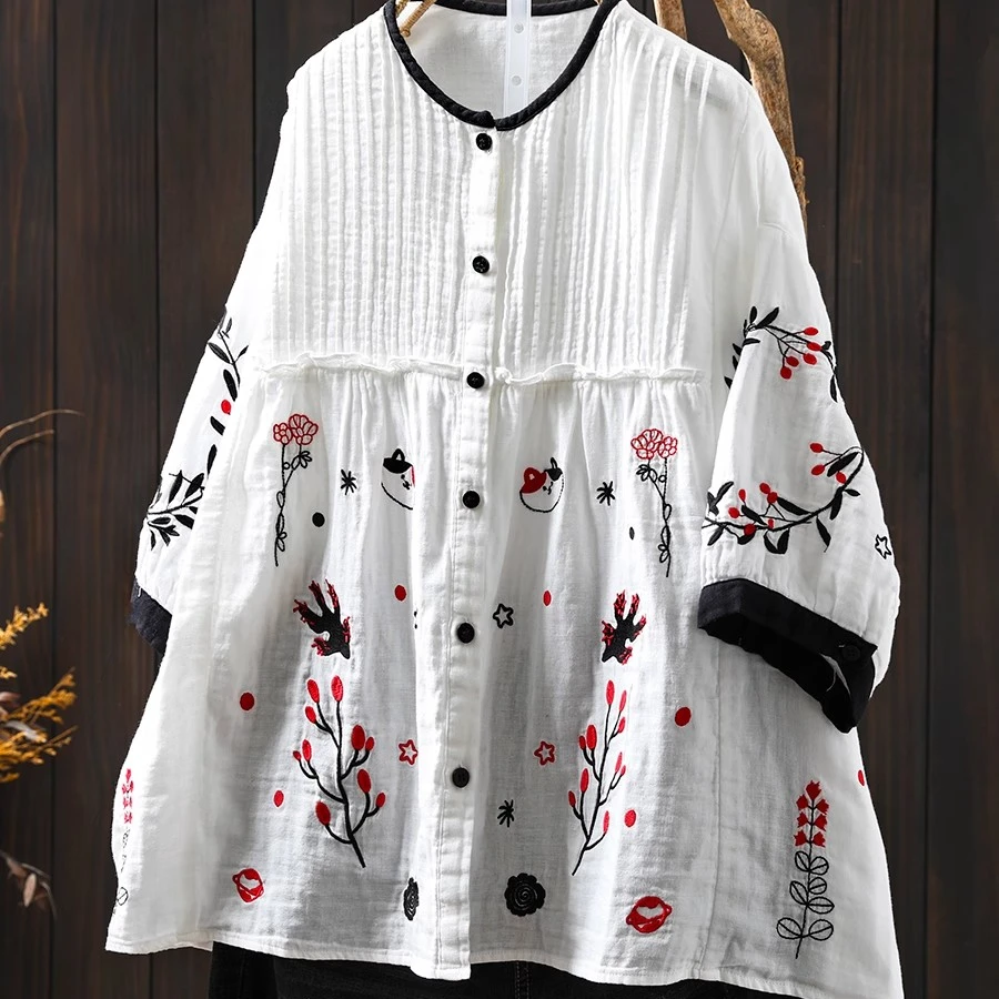 花朵刺绣纯棉纱五分袖衬衫女2025新春夏宽松大码文艺休闲气质上衣