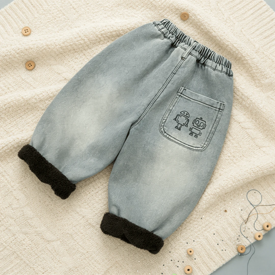 儿童加绒长裤冬季2025新款机器人刺绣牛仔裤宝宝加厚一体绒保暖裤