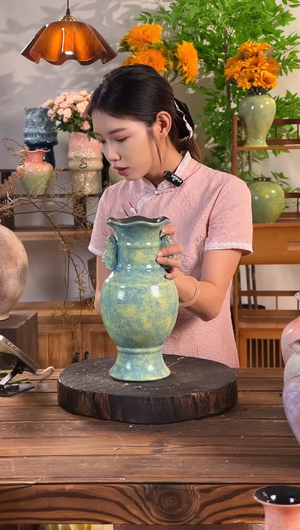 【绿野仙踪-双耳波浪瓶】油绿色无孔陶瓷花瓶干花鲜花客厅插花摆件