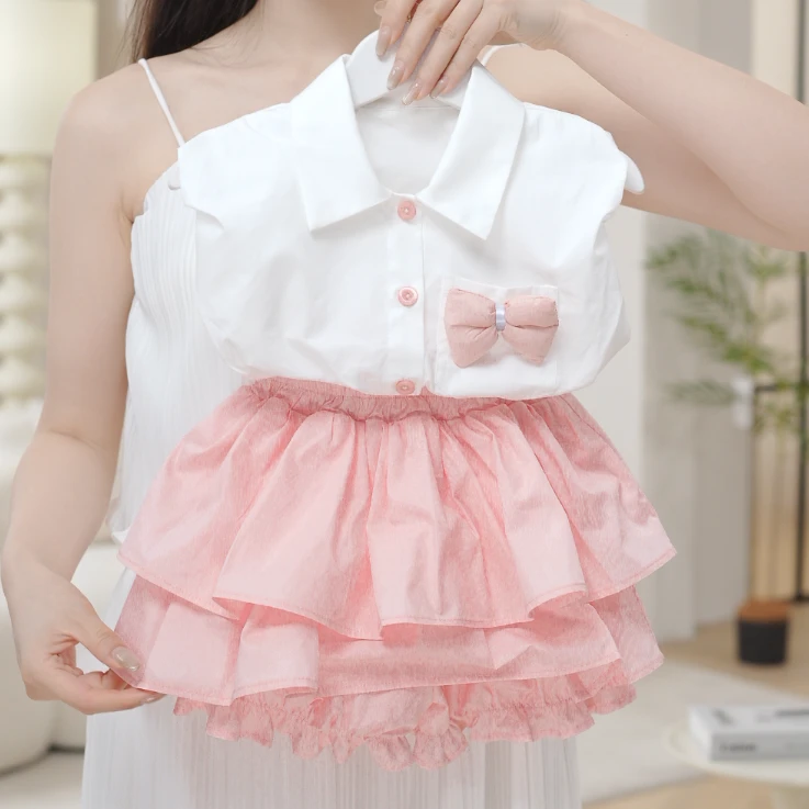 女童夏装学院风粉色套装2025新款儿童宝宝衬衫花两件套套装S17308