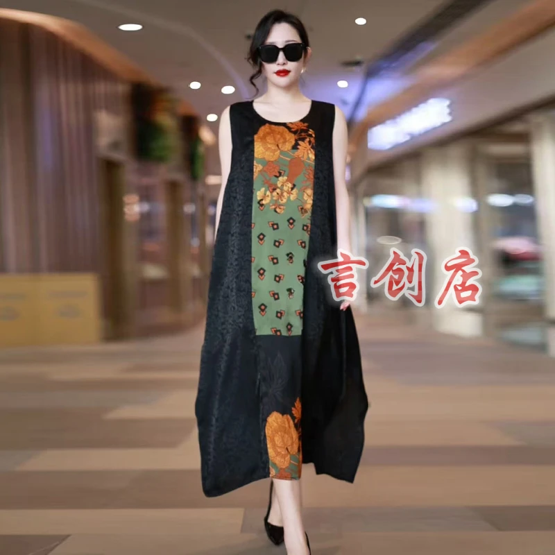 73127复古文艺拼接连衣裙2025夏宽松茧型垂坠显瘦不规则背心长裙