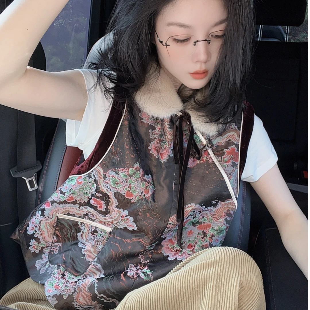 【悦悦专属】新中式可拆毛毛领刺绣提花马甲Y1216