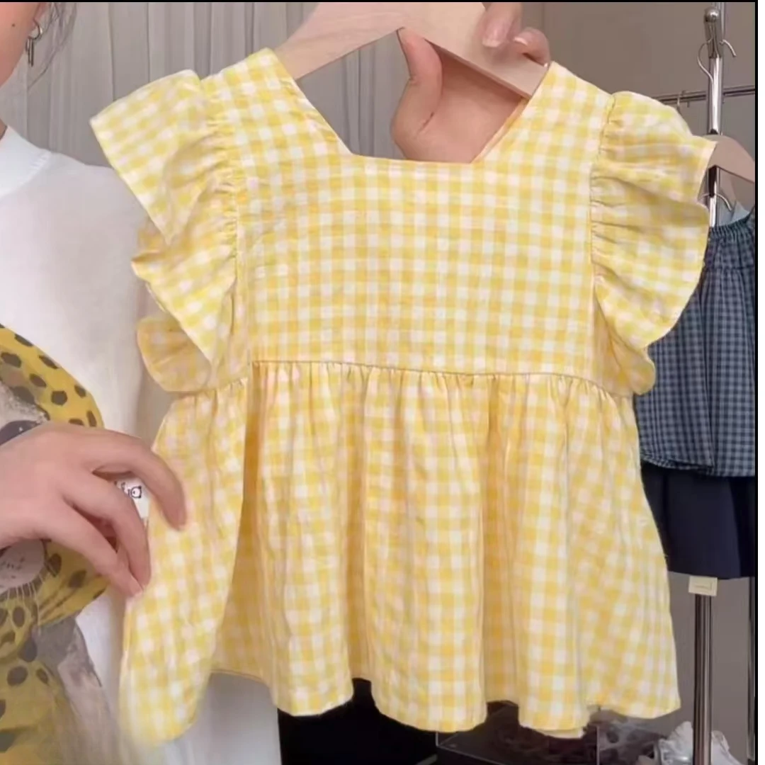 女童夏装2025新款女宝宝洋气时尚简约飞袖上衣夏款百搭格子童装潮