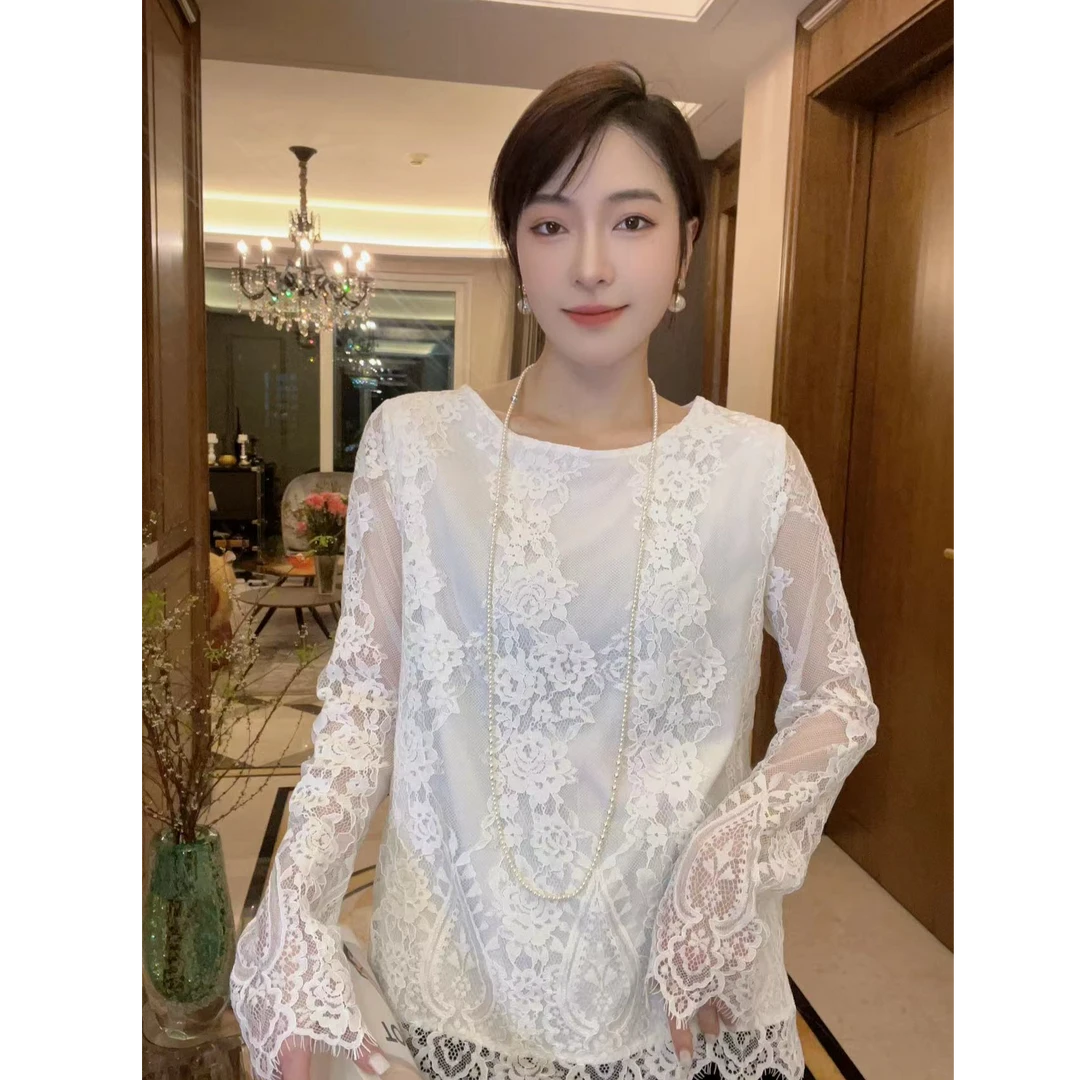 【苗姐优选】春季新款圆领长袖女春新款洋气时髦蕾丝衬衣AMY27195