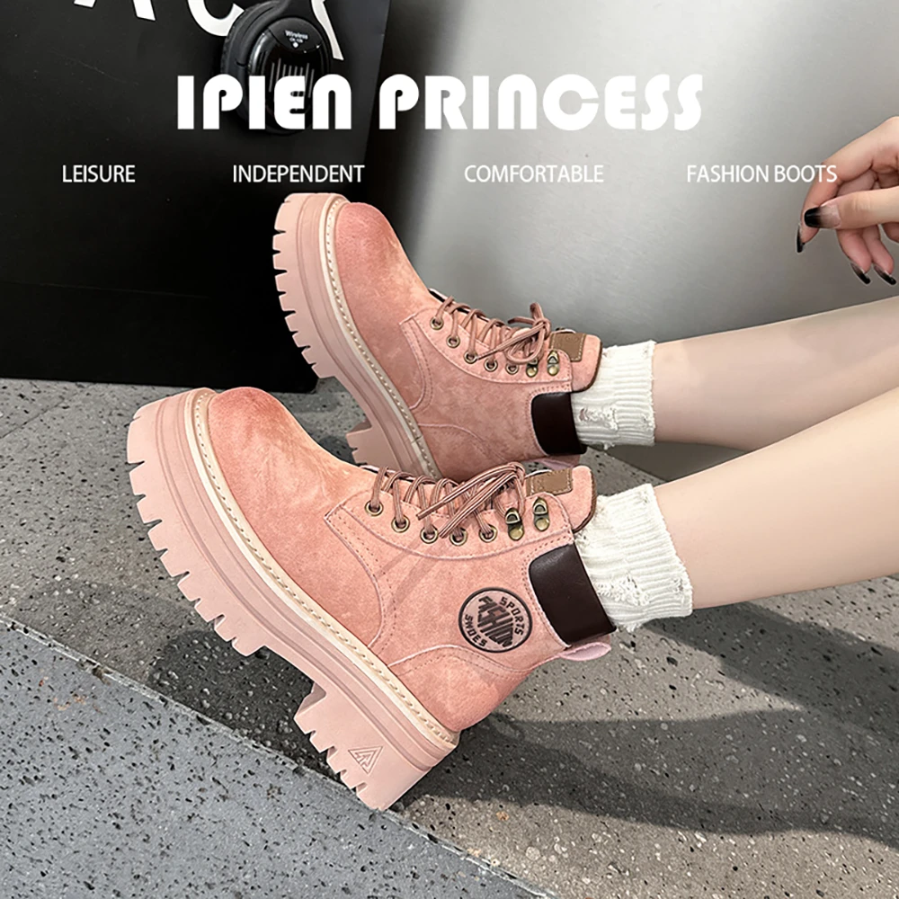 真皮户外时尚百搭复古女款粉色靴子2025秋季新款内增高厚底马丁靴
