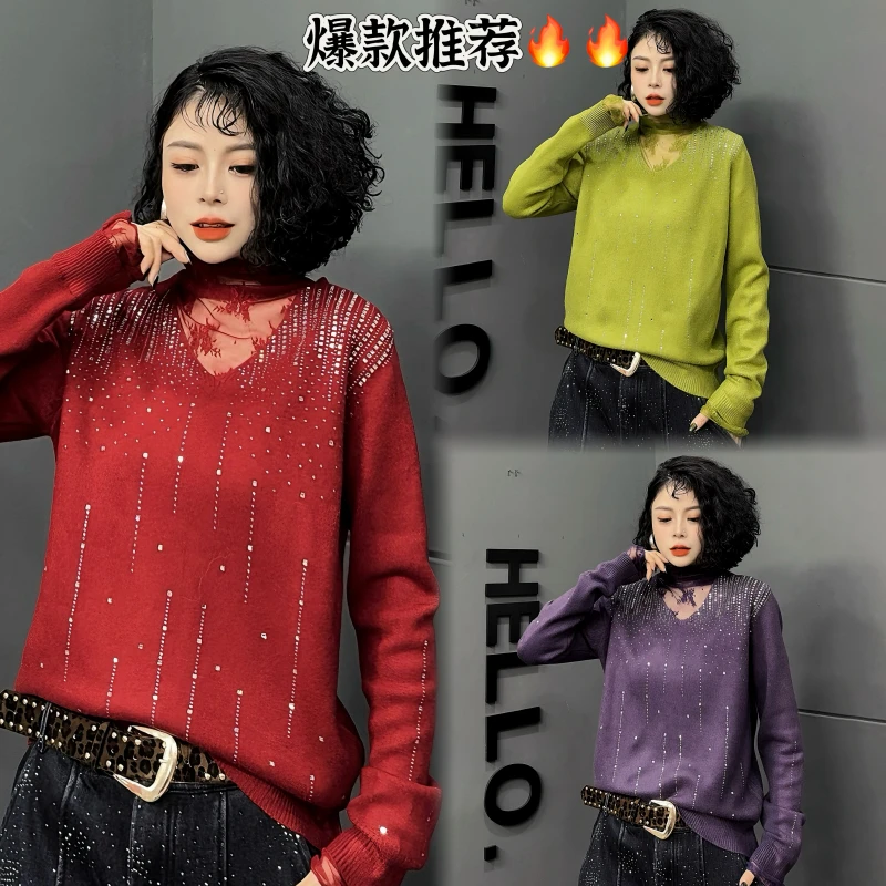 【亿火】上衣时尚蕾丝长袖韩版半高领毛衣-G237-23459