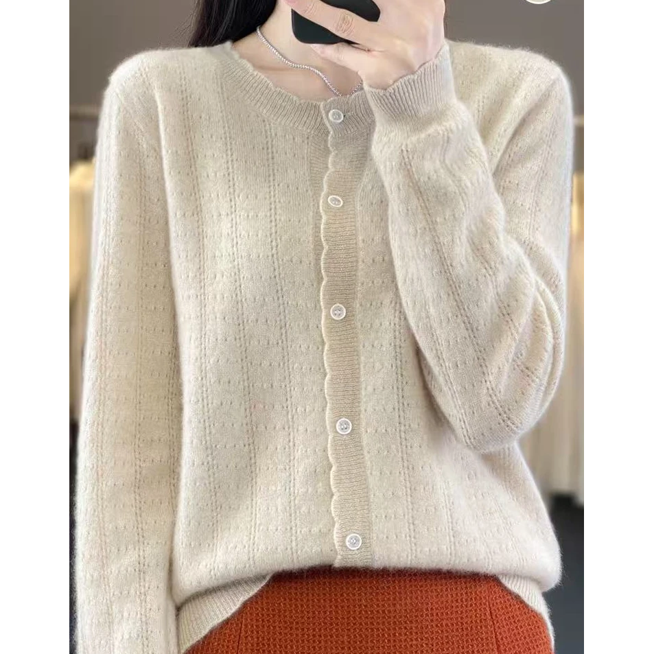 100羊毛开衫女镂空花边圆领纯色宽松外搭上衣秋冬新款针织外套179