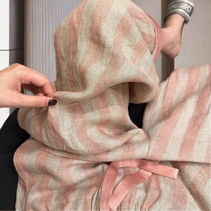 【雅岚女装】时尚洋气显瘦老钱风粉色条纹拼接棉麻休闲裤女夏季新款