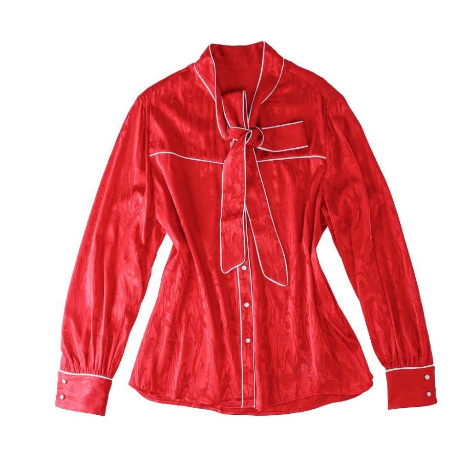 品牌新款桑蚕丝飘带提花长袖通勤简约上衣42392