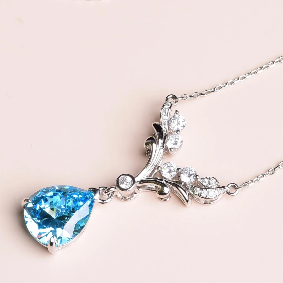 【海蓝宝】S925银天然巴西圣玛利亚天使之翼水滴形项链G0011