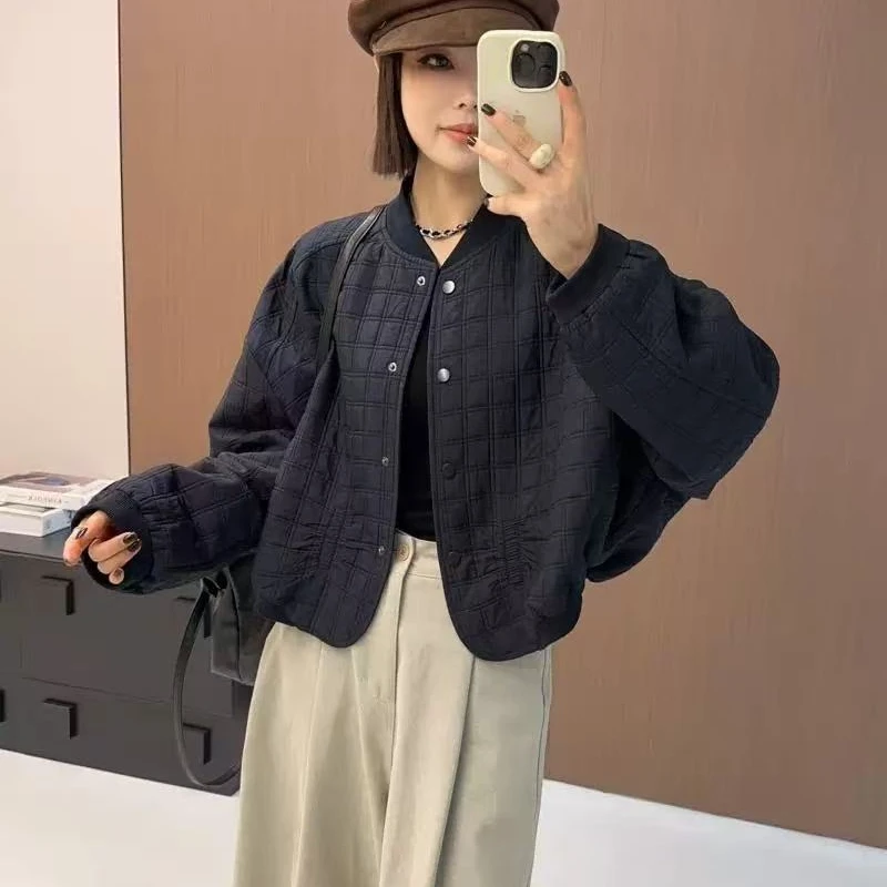 棒球领秋季圆领厚款短外套百搭上衣格纹外套