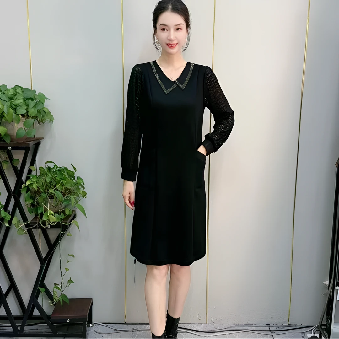【彩依】1296连衣裙高温烫钻V领长袖中长裙黑色V领大码显瘦宽松