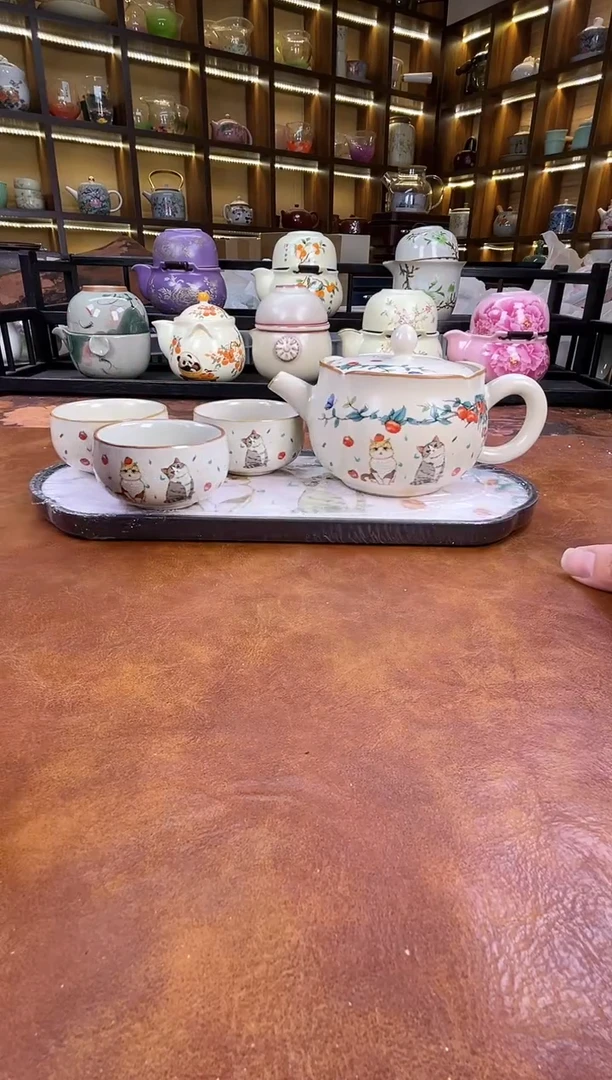 瓷片猫咪花口壶1壶3杯+猫咪盘