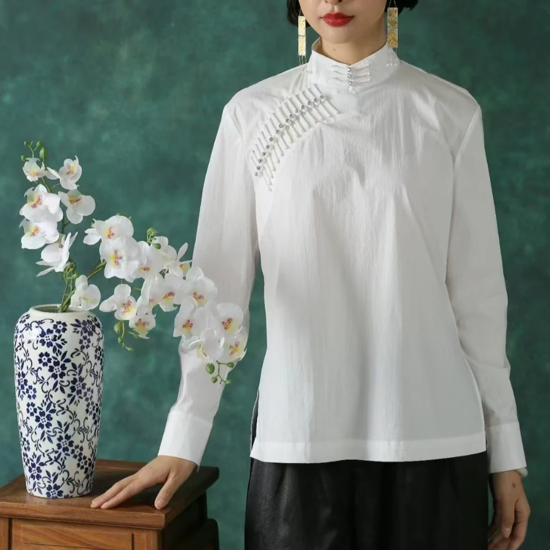 春季新款新中式国风白色斜襟盘扣立体装饰复古立领白衬衫