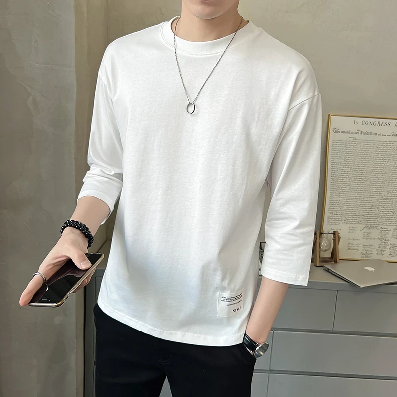 纯色7七分袖t恤男装2025夏季新款短袖体恤潮流休闲薄款潮牌半袖男