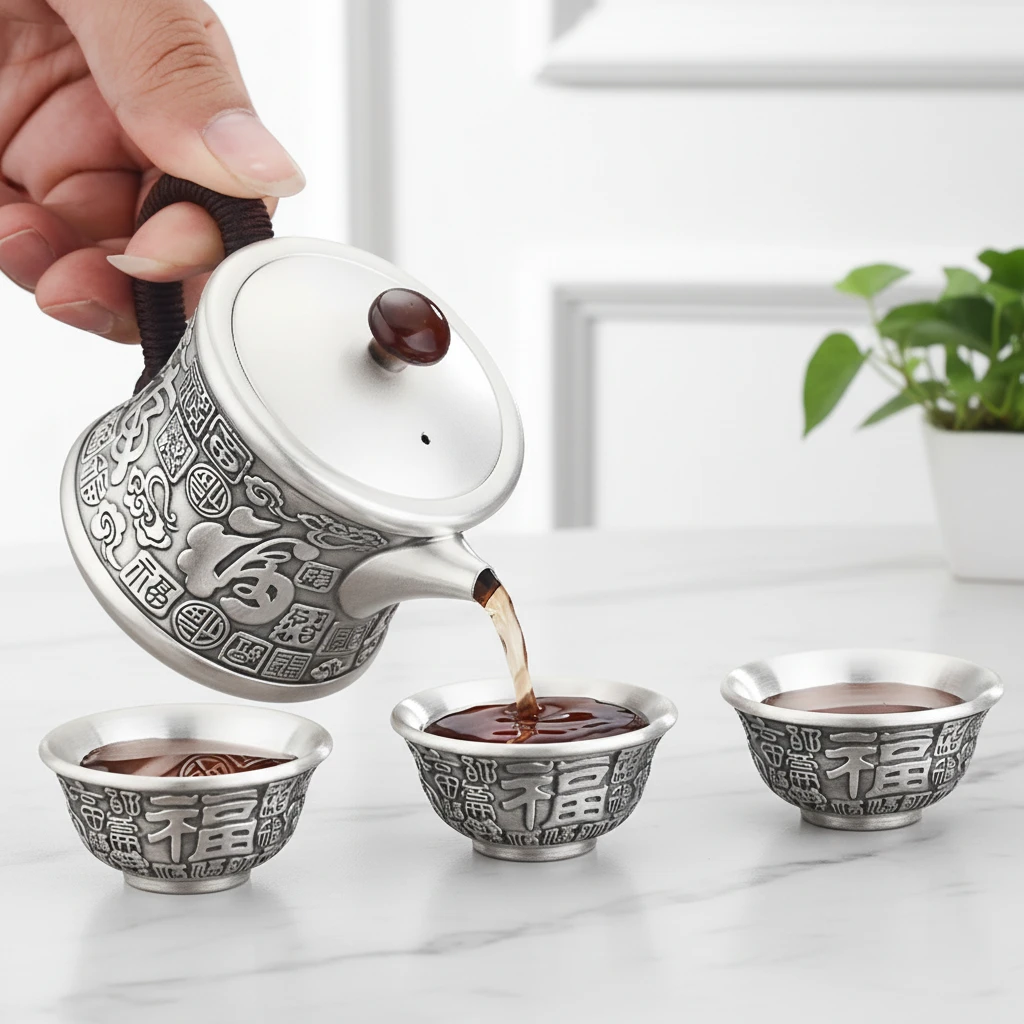 双十一 足银茶壶百福迷你隔热便携式茶具复古足银茶壶茶具套装